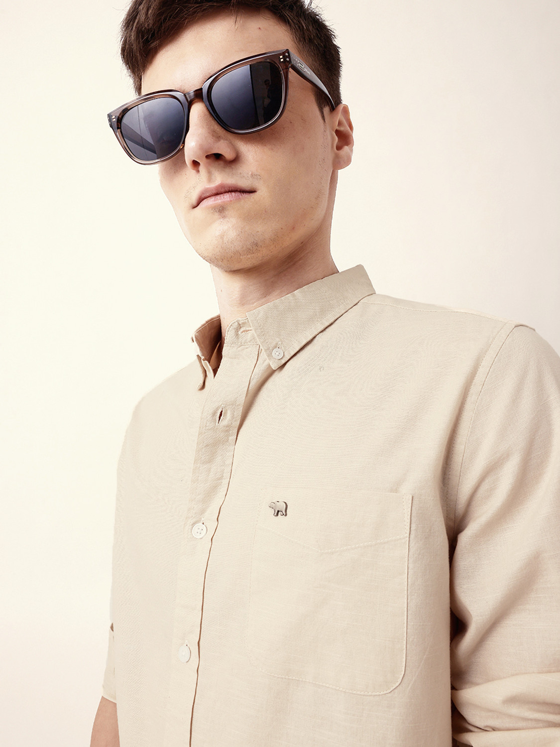 Image of THE BEAR HOUSE Men Solid Casual Cream Shirt