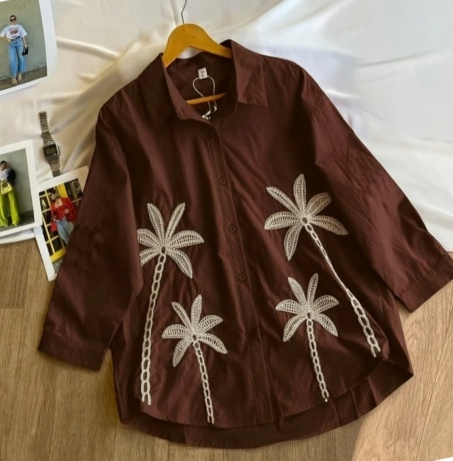Image of weaRial Women Embroidered Casual Brown Shirt