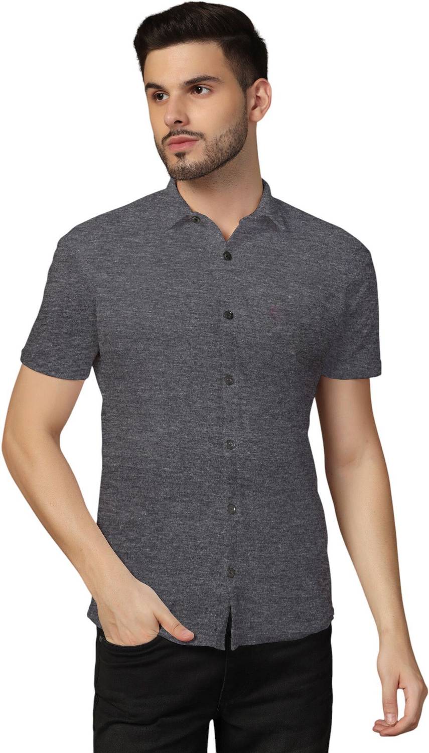Money Leaf Men Solid Casual Grey Shirt