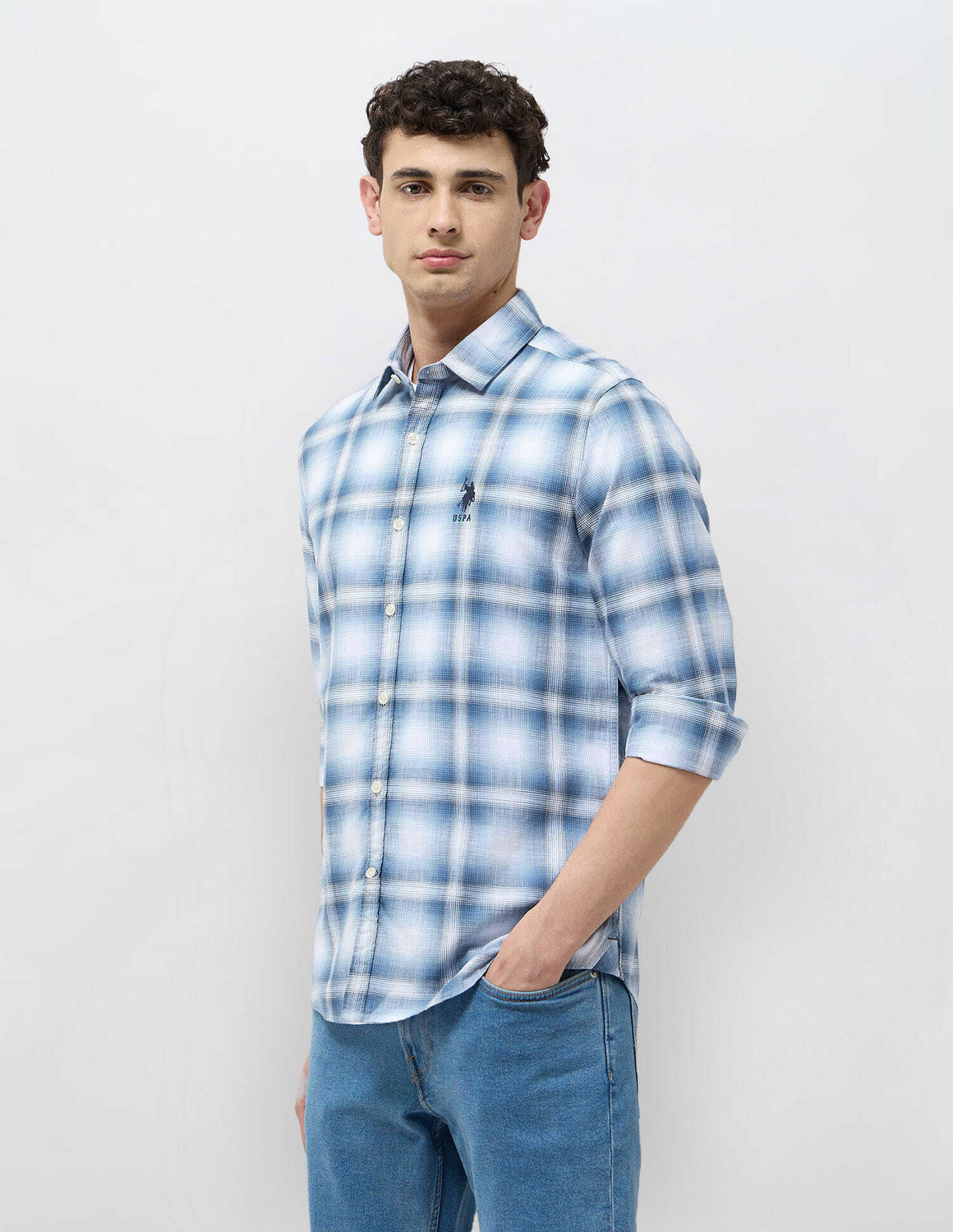 Image of U.S. Polo Assn. Denim Co. Men Checkered Casual Dark Blue Shirt