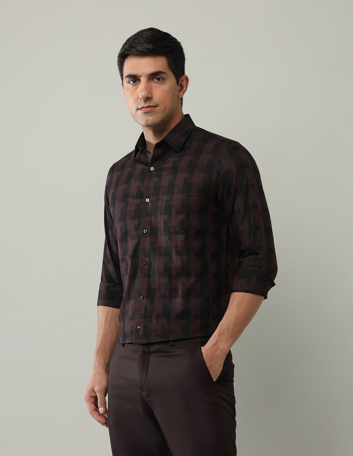 Image of ARROW Men Checkered Formal Brown Shirt