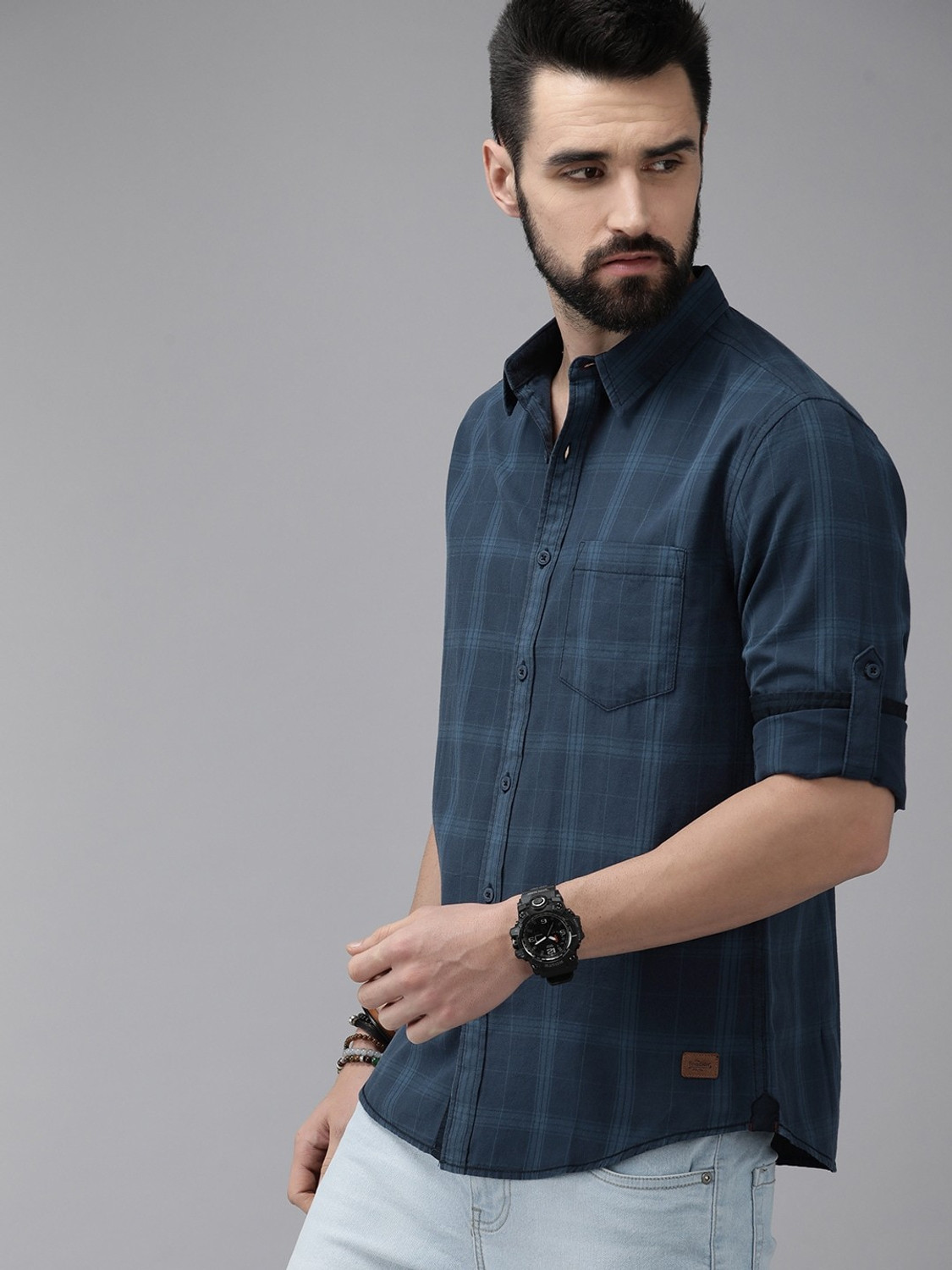 Image of Roadster Men Checkered Casual Dark Blue Shirt