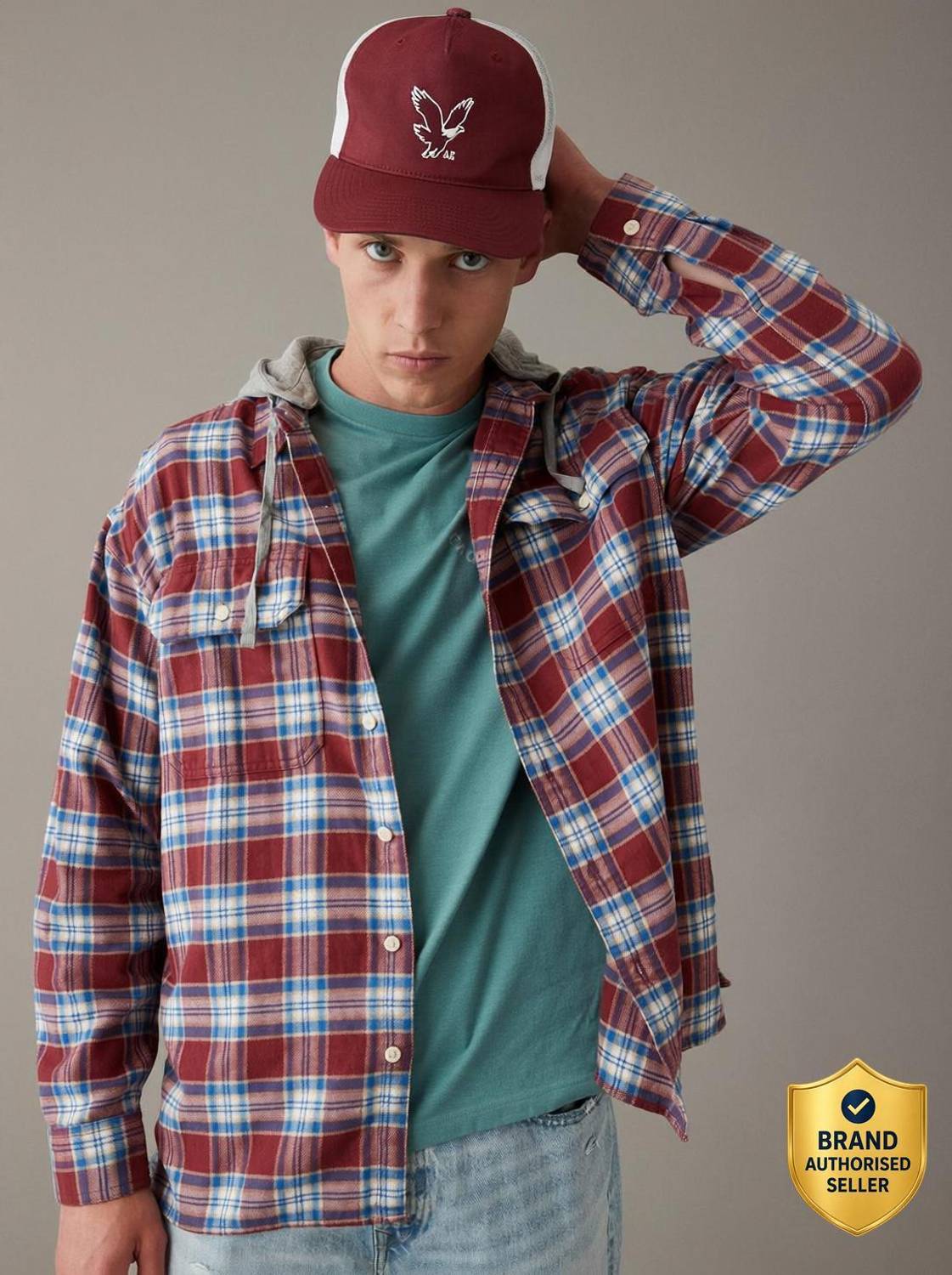 American Eagle Men Checkered Red Shirt - Image 1