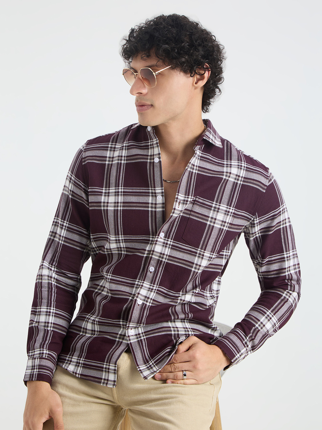 Image of VASTRADO Men Slim Fit Checkered Cut Away Collar Casual Shirt