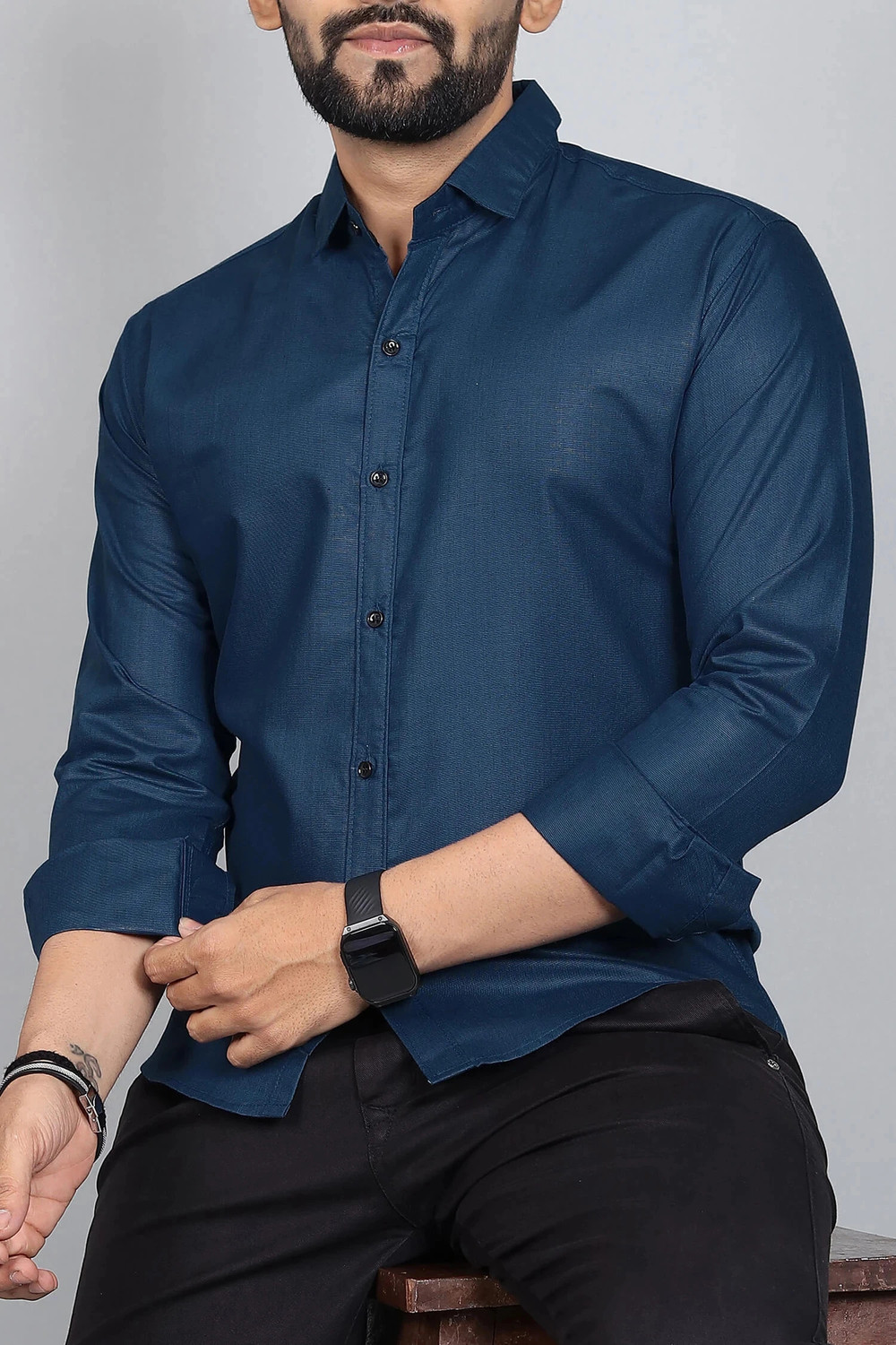 Image of Blue dove Men Solid Casual Dark Blue, White Shirt