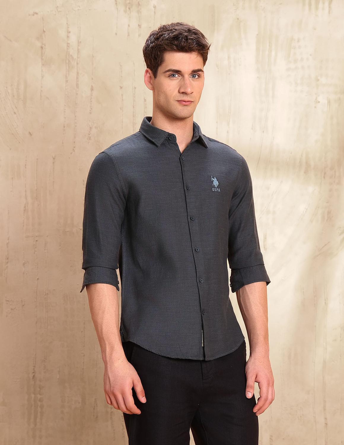 Image of U.S. Polo Assn. Denim Co. Men Self Design Casual Grey Shirt