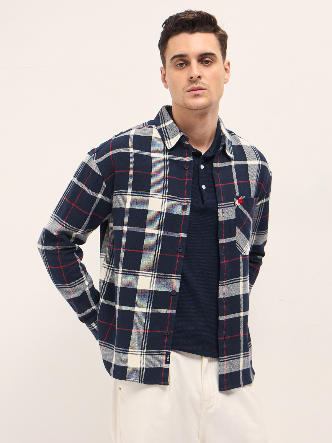 Image of THE BEAR HOUSE Men Checkered Casual Blue Shirt