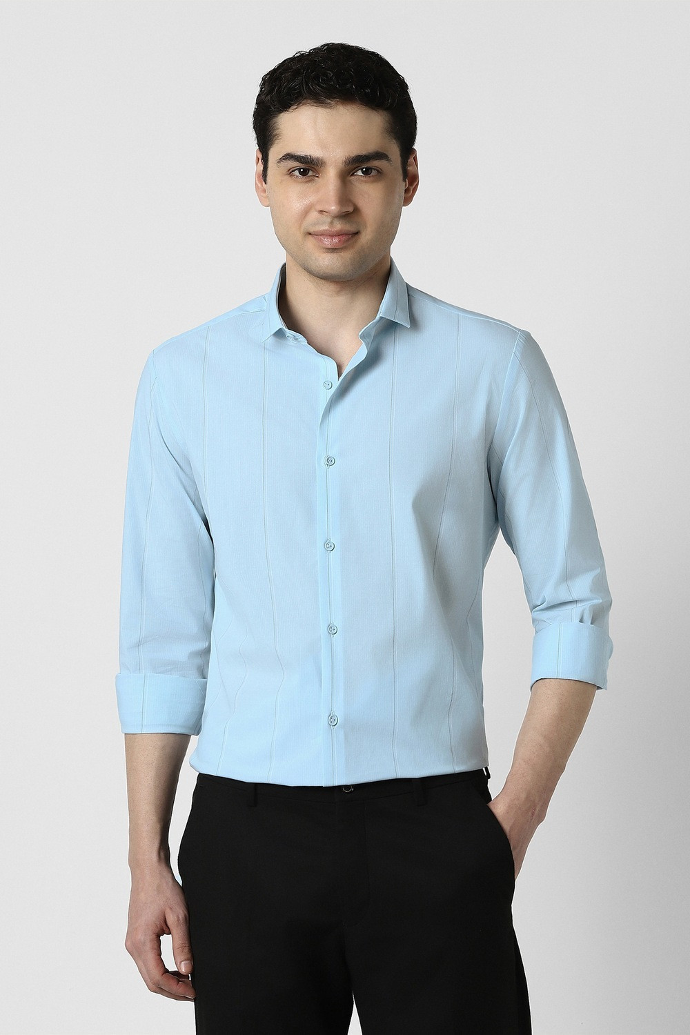 Image of PETER ENGLAND Men Striped Formal Light Blue Shirt