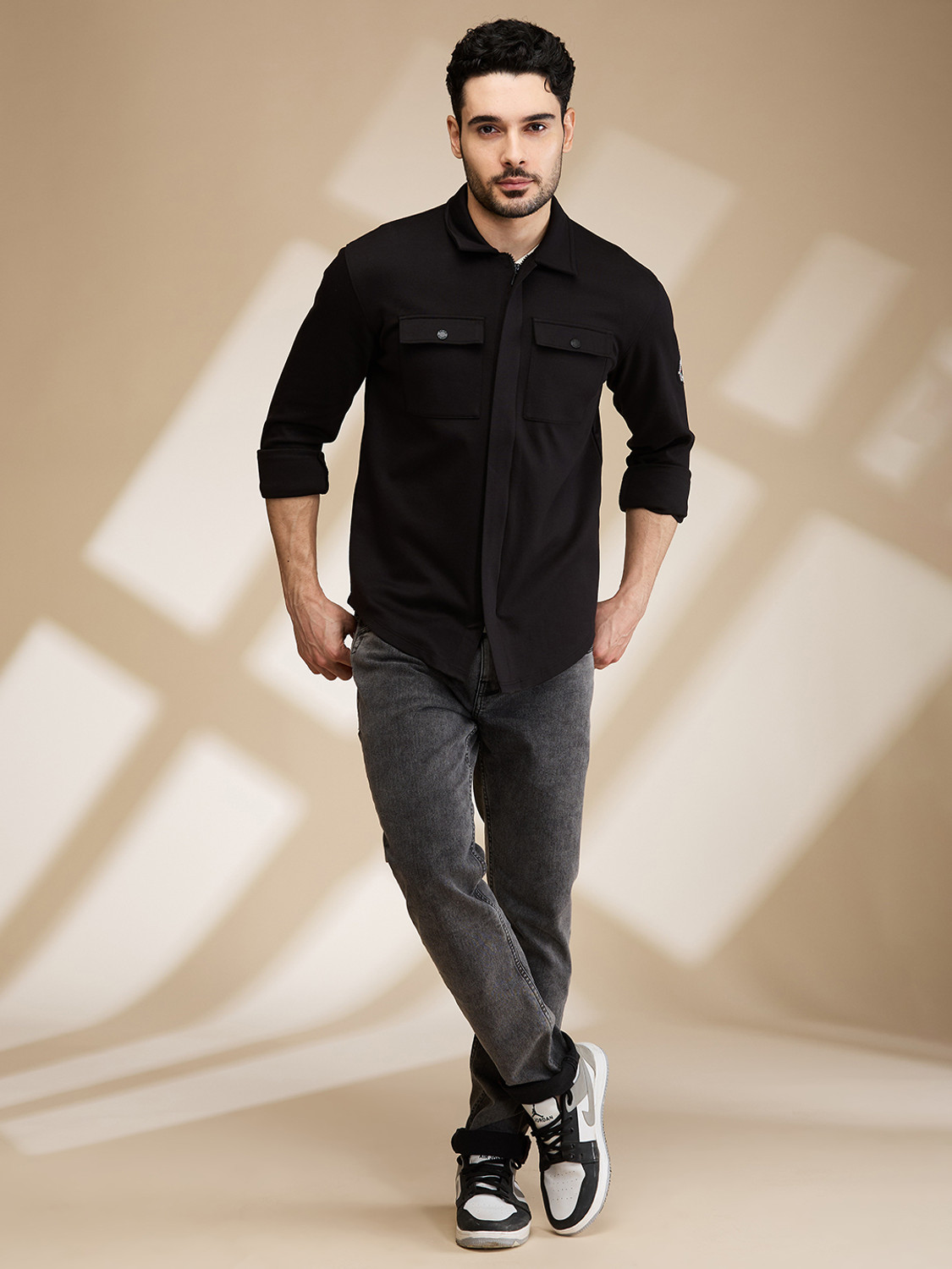 Image of BEING HUMAN Men Solid Casual Black Shirt