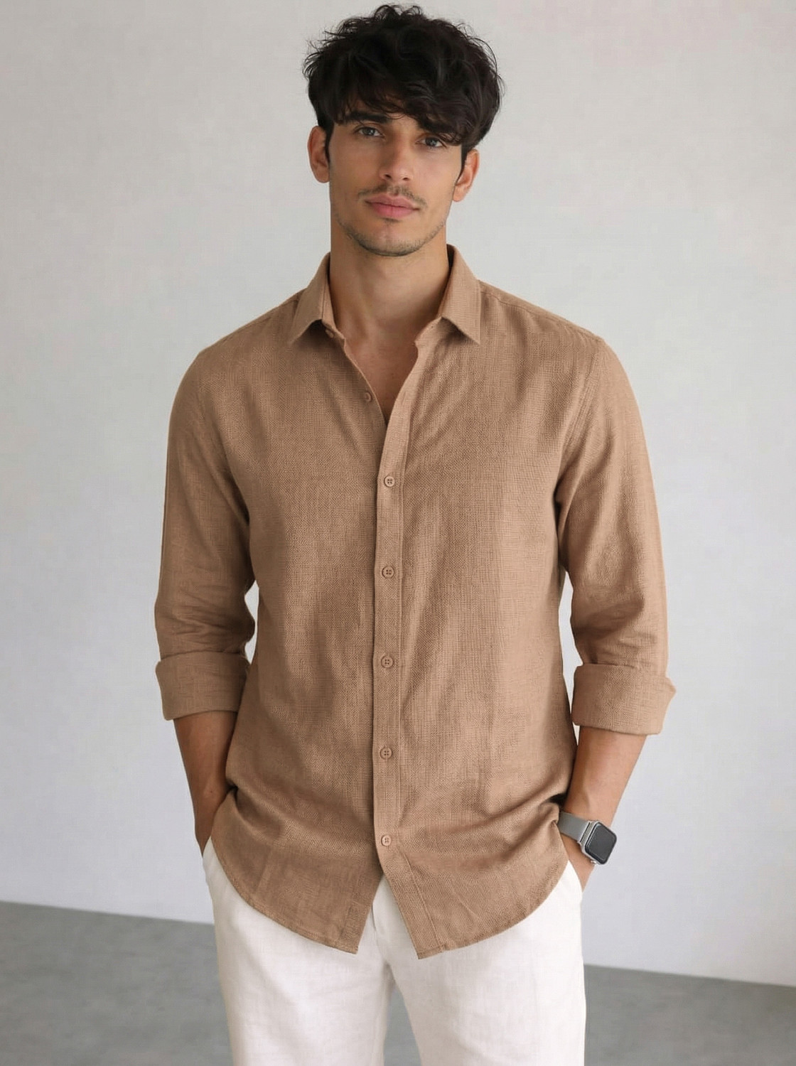 Image of Dhakre fashion Men Solid Casual Brown Shirt