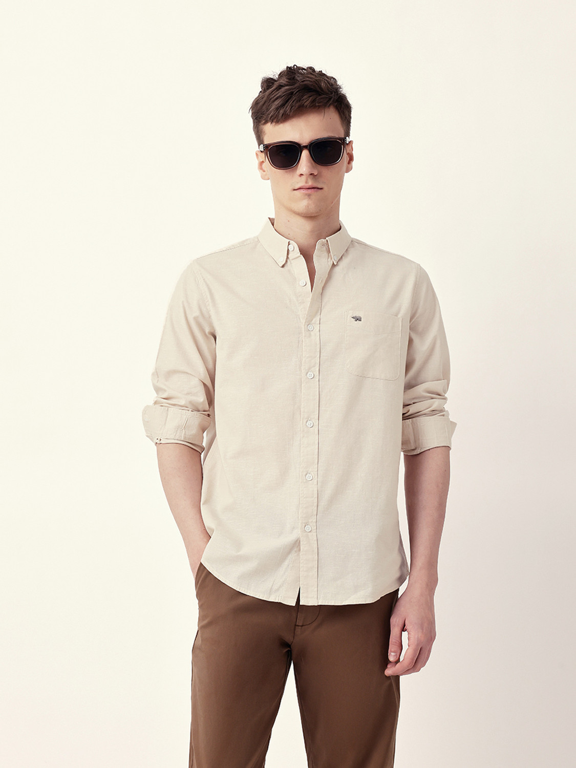 Image of THE BEAR HOUSE Men Solid Casual Cream Shirt