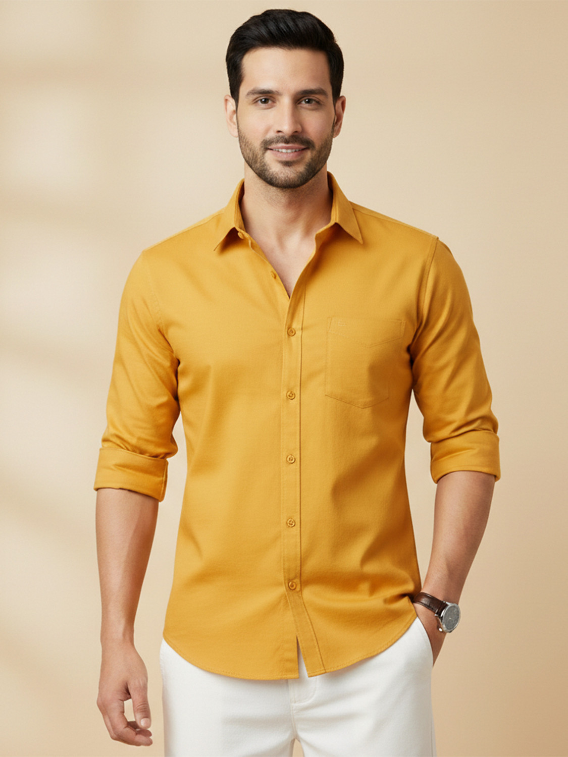 Image of METRONAUT Men Solid Casual Yellow Shirt