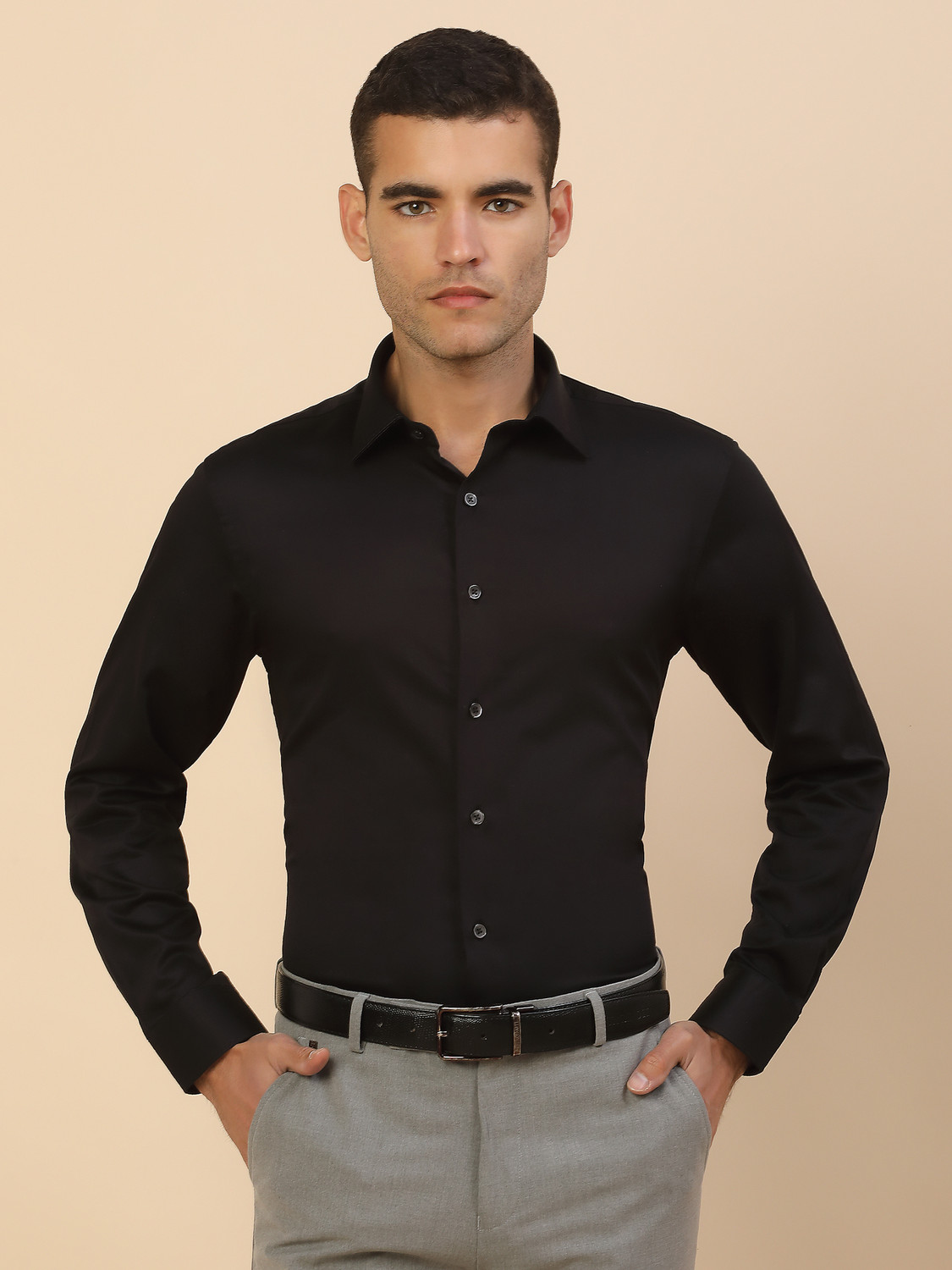 Image of CANTABIL Men Solid Party Black Shirt