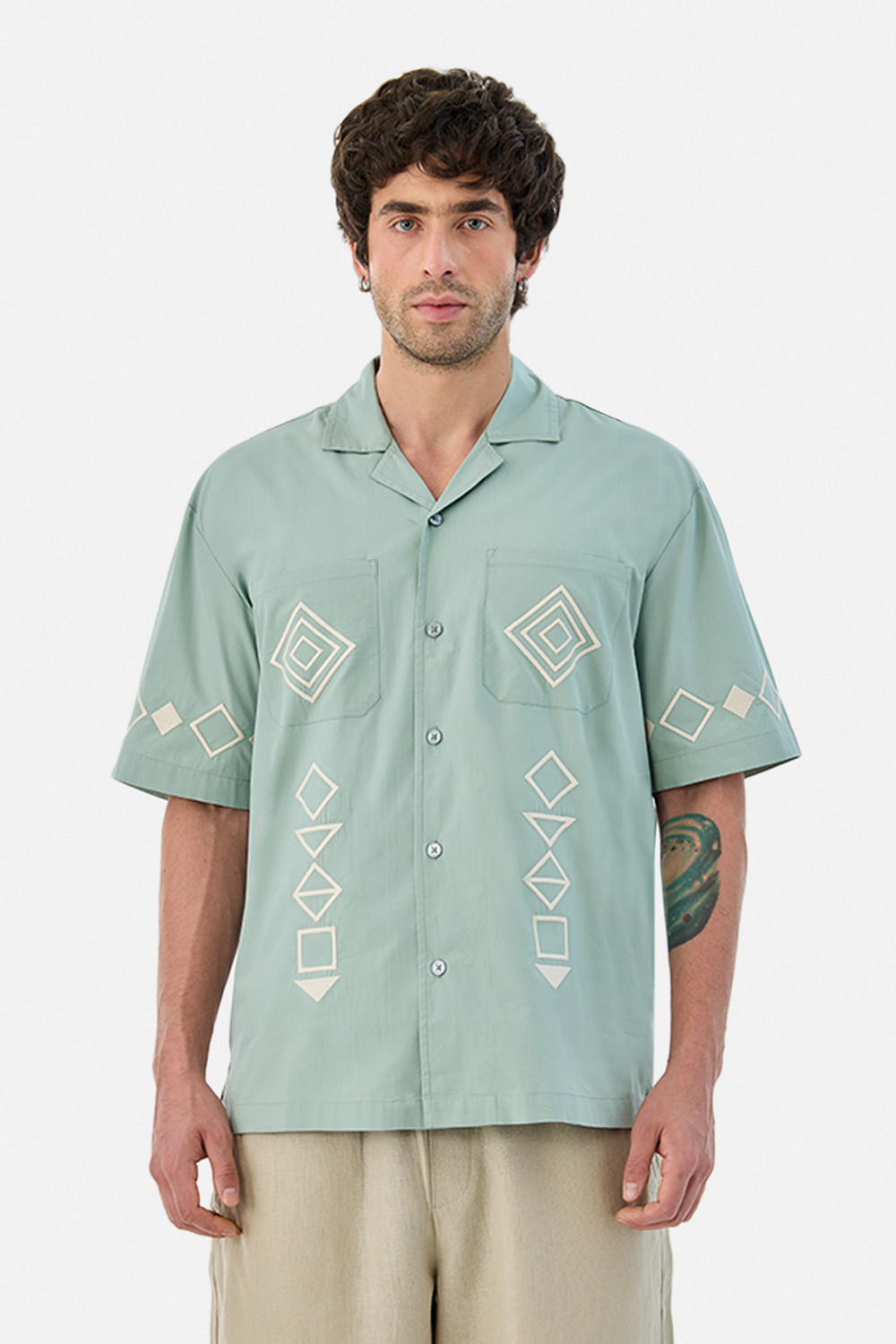 Image of Snitch Men Embroidered Casual Light Green Shirt