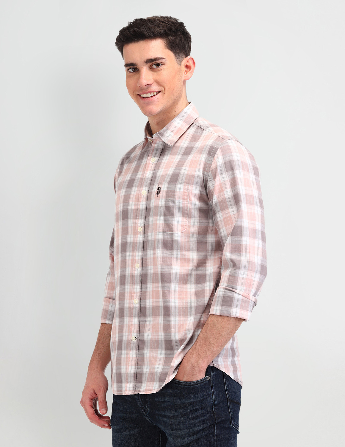 Image of U.S. POLO ASSN. Men Slim Fit Checkered Cut Away Collar Casual Shirt