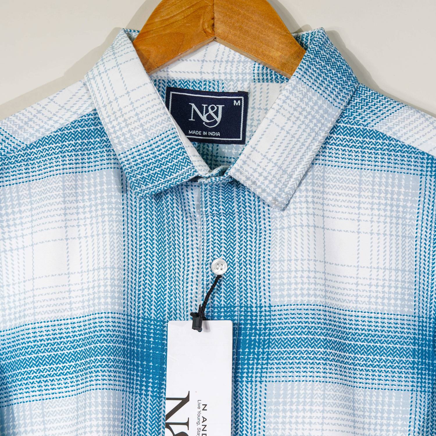 N AND J Men Checkered Blue, White Shirt - Image 2