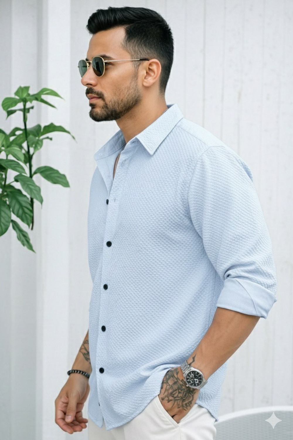 Image of JCOSTA Men Self Design Casual Light Blue Shirt