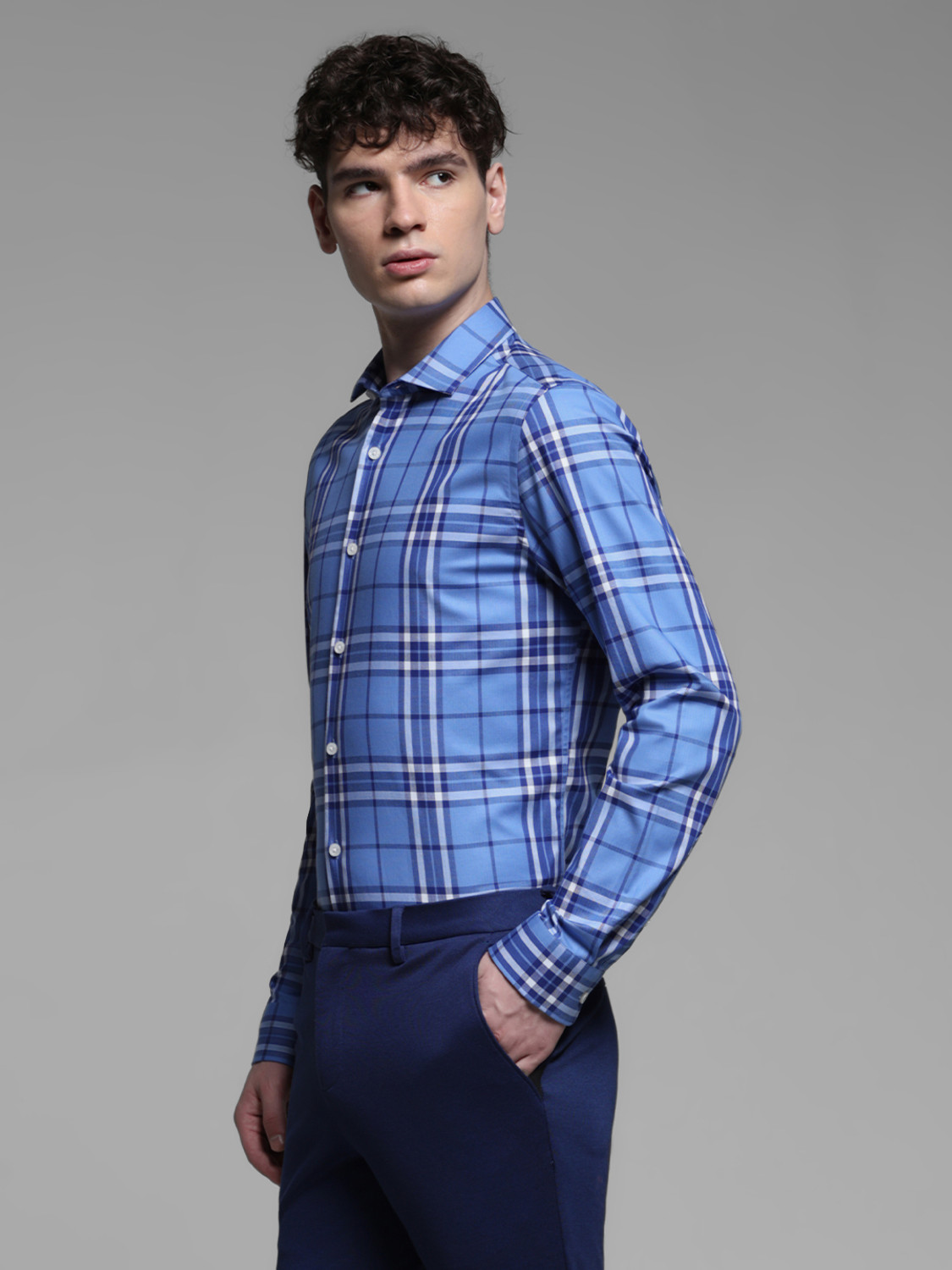Image of JACK & JONES Men Checkered Casual Blue Shirt