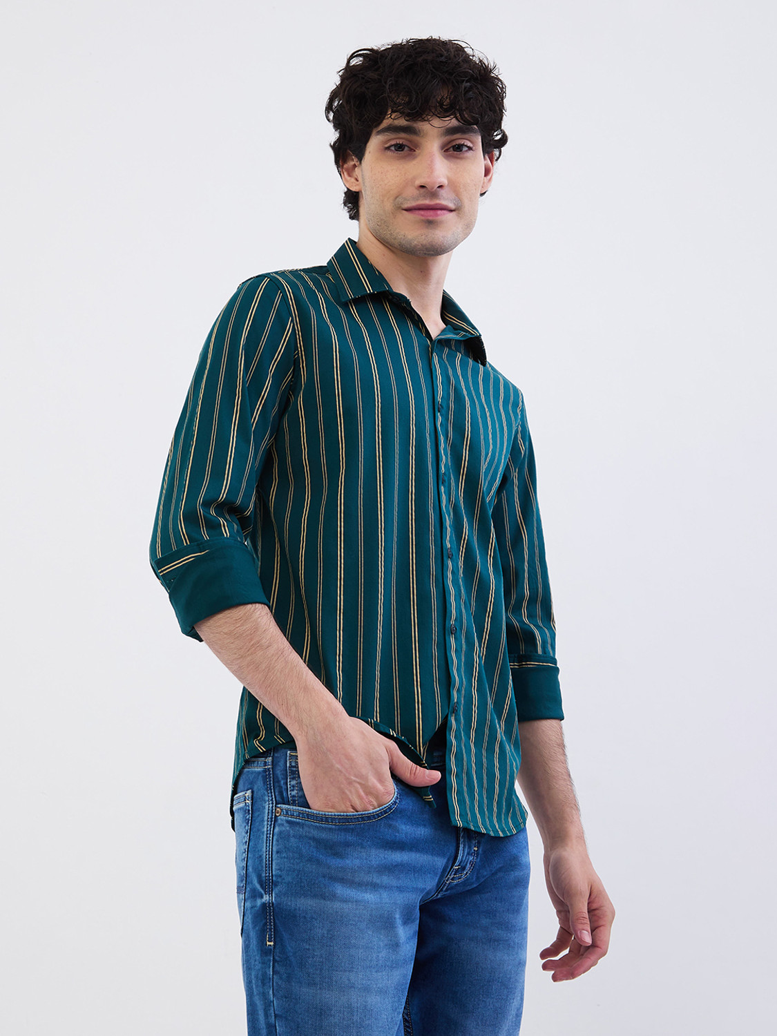 Image of Spykar Men Striped Casual Green Shirt