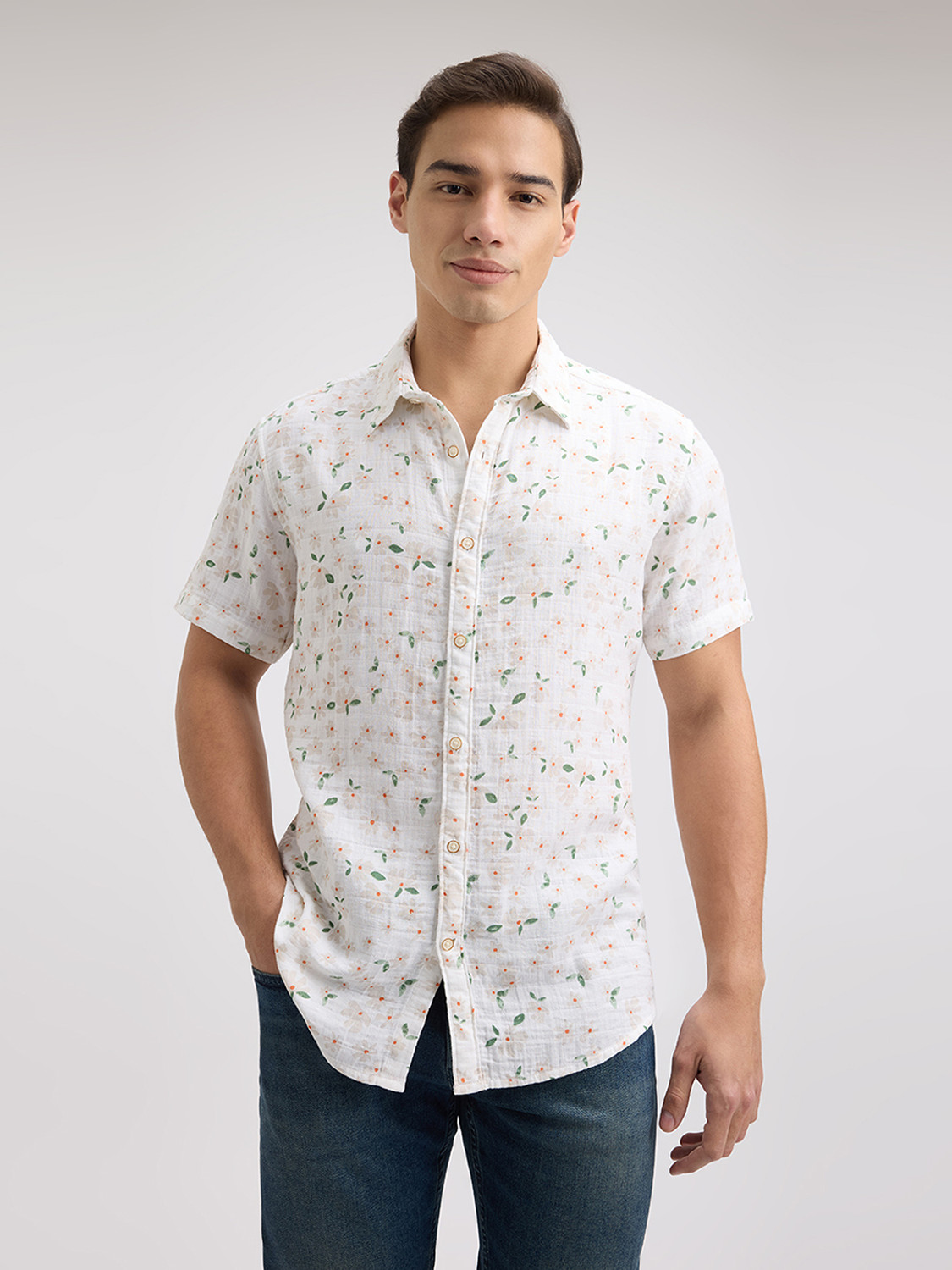 Image of Pepe Jeans Men Floral Print Casual White Shirt