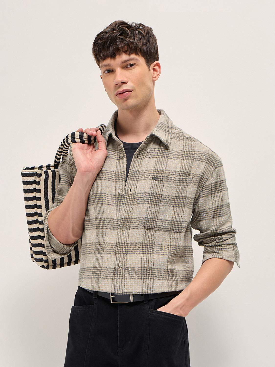Image of THE BEAR HOUSE Men Checkered Casual Beige Shirt