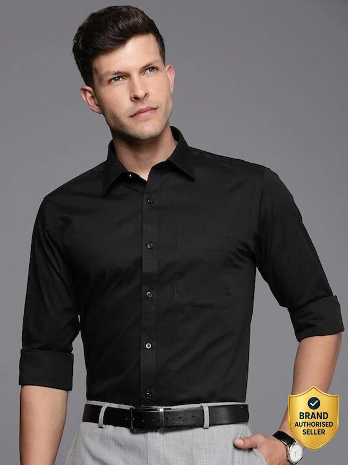 Image of Raymond Men Solid Formal Black Shirt
