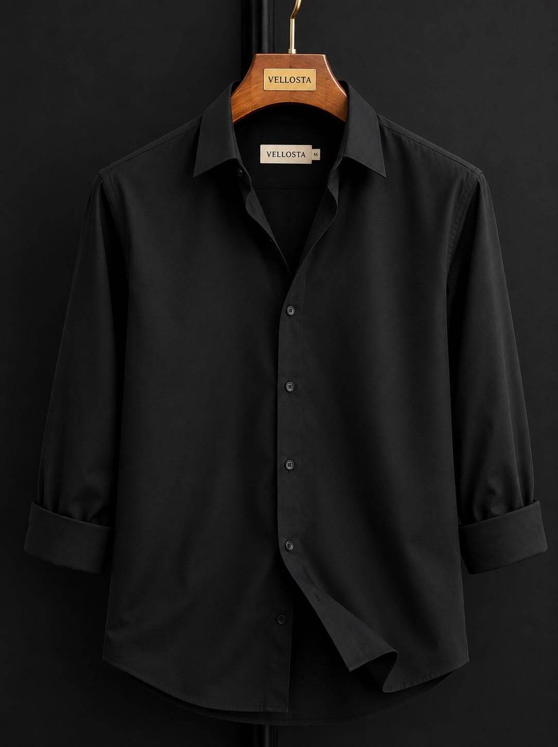 Image of VELLOSTA Men Solid Casual Black Shirt