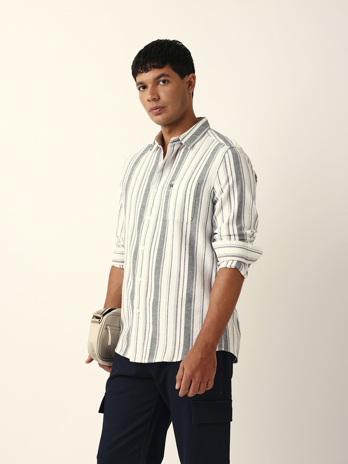 Image of THE BEAR HOUSE Men Striped Casual White Shirt
