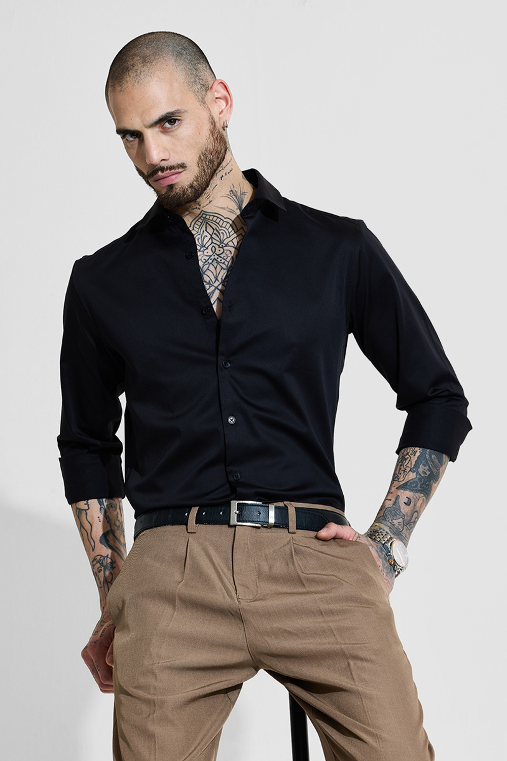 Image of Snitch Men Solid Formal Black Shirt