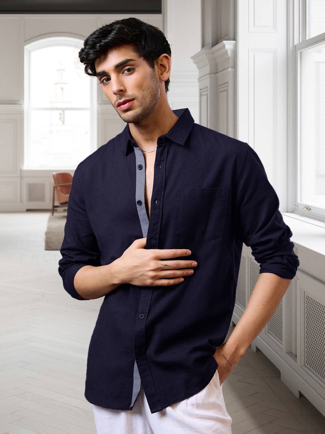 7Threads Men Solid Formal Dark Blue Shirt