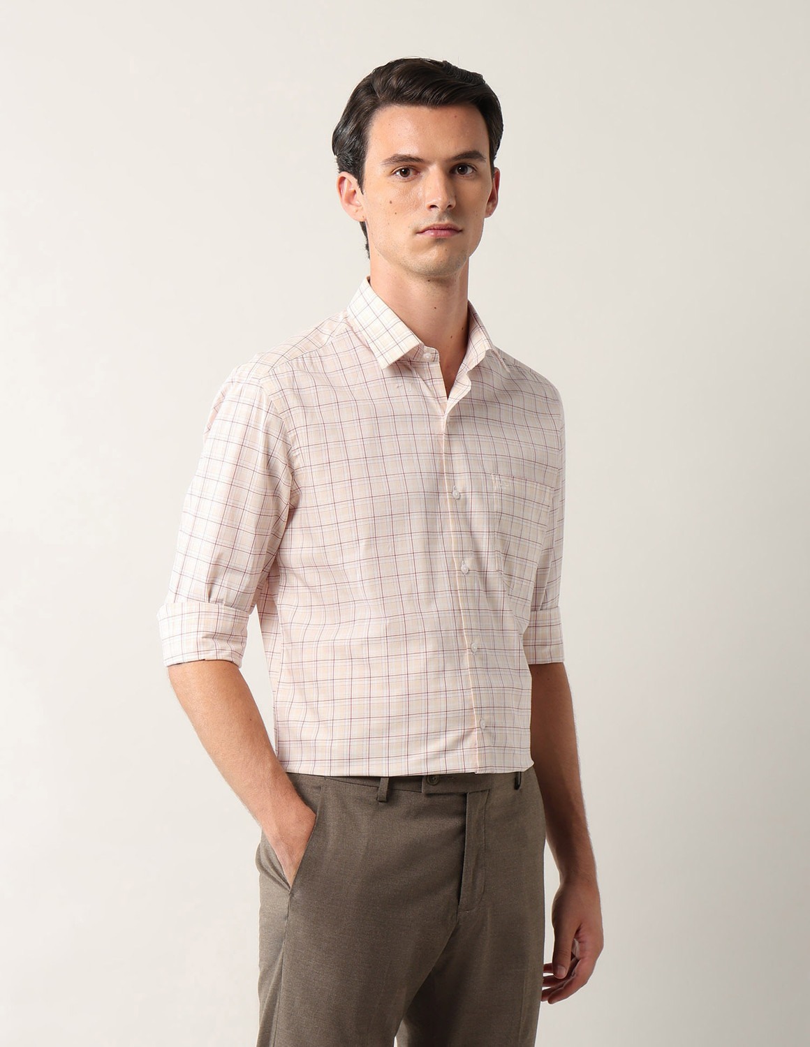 Image of ARROW Men Checkered Formal Orange Shirt