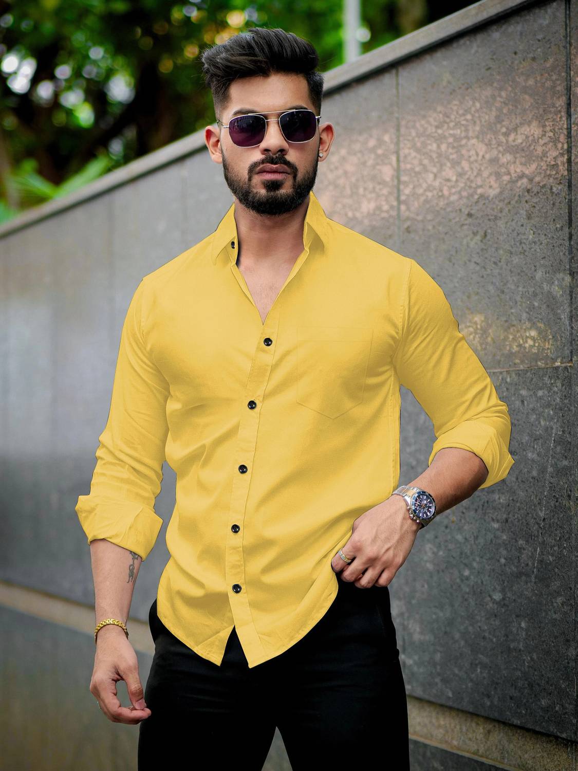 ⭐︎ミヤル⭐︎ YAKSH Men Self Design Casual Yellow Shirt - Buy YAKSH Men Self