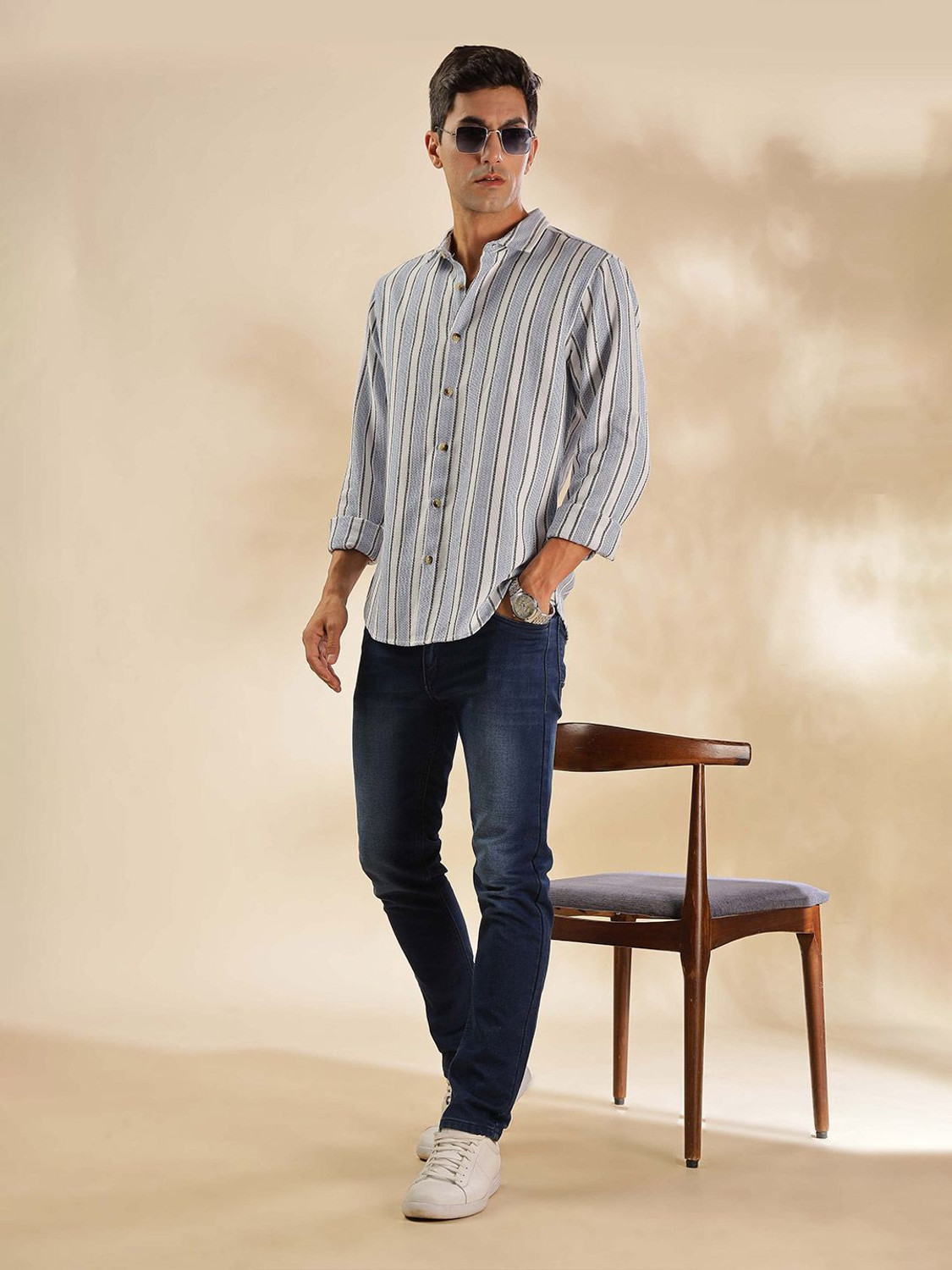 Image of HERE&NOW Men Striped Casual Blue Shirt