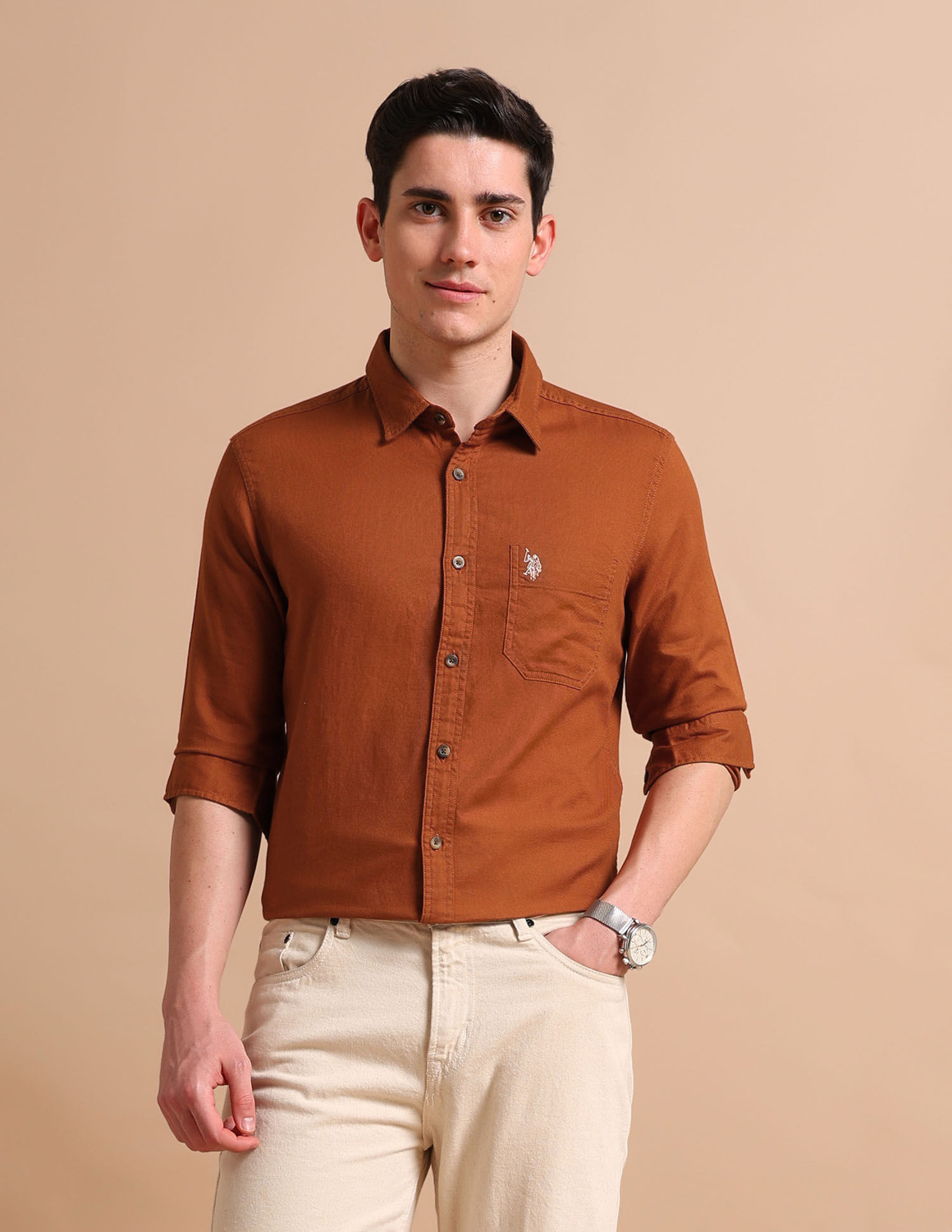 Image of U.S. POLO ASSN. Men Solid Casual Orange Shirt