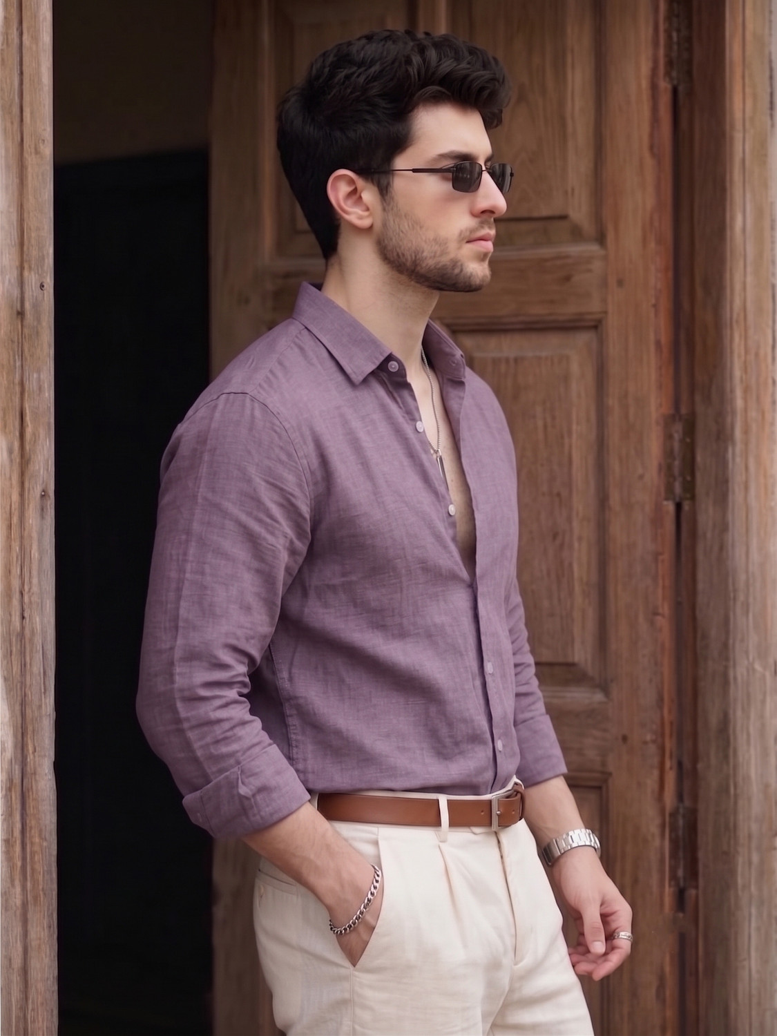 Image of STONEBERG Men Self Design Formal Pink Shirt