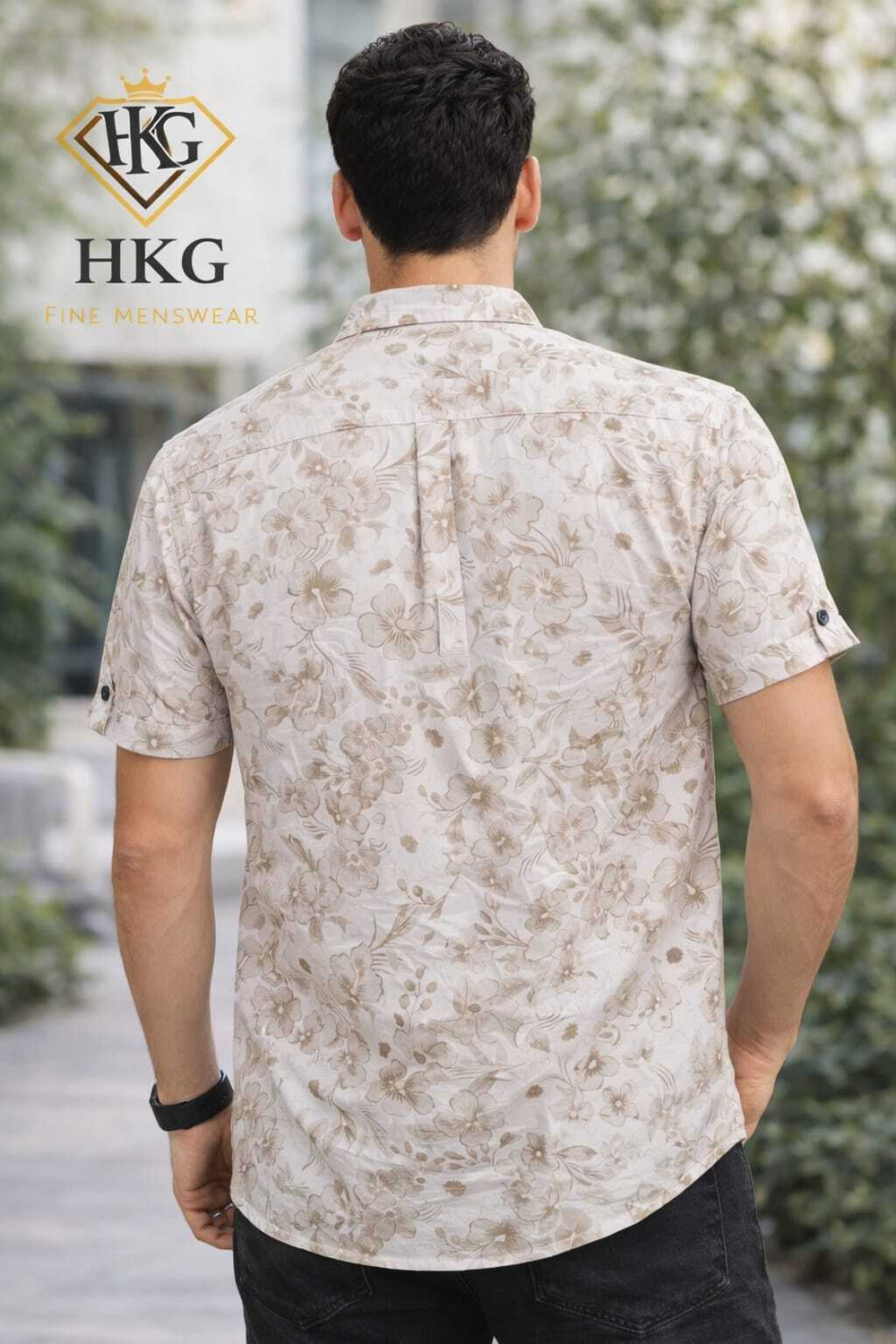 Image of HKG Men Floral Print Casual Beige Shirt