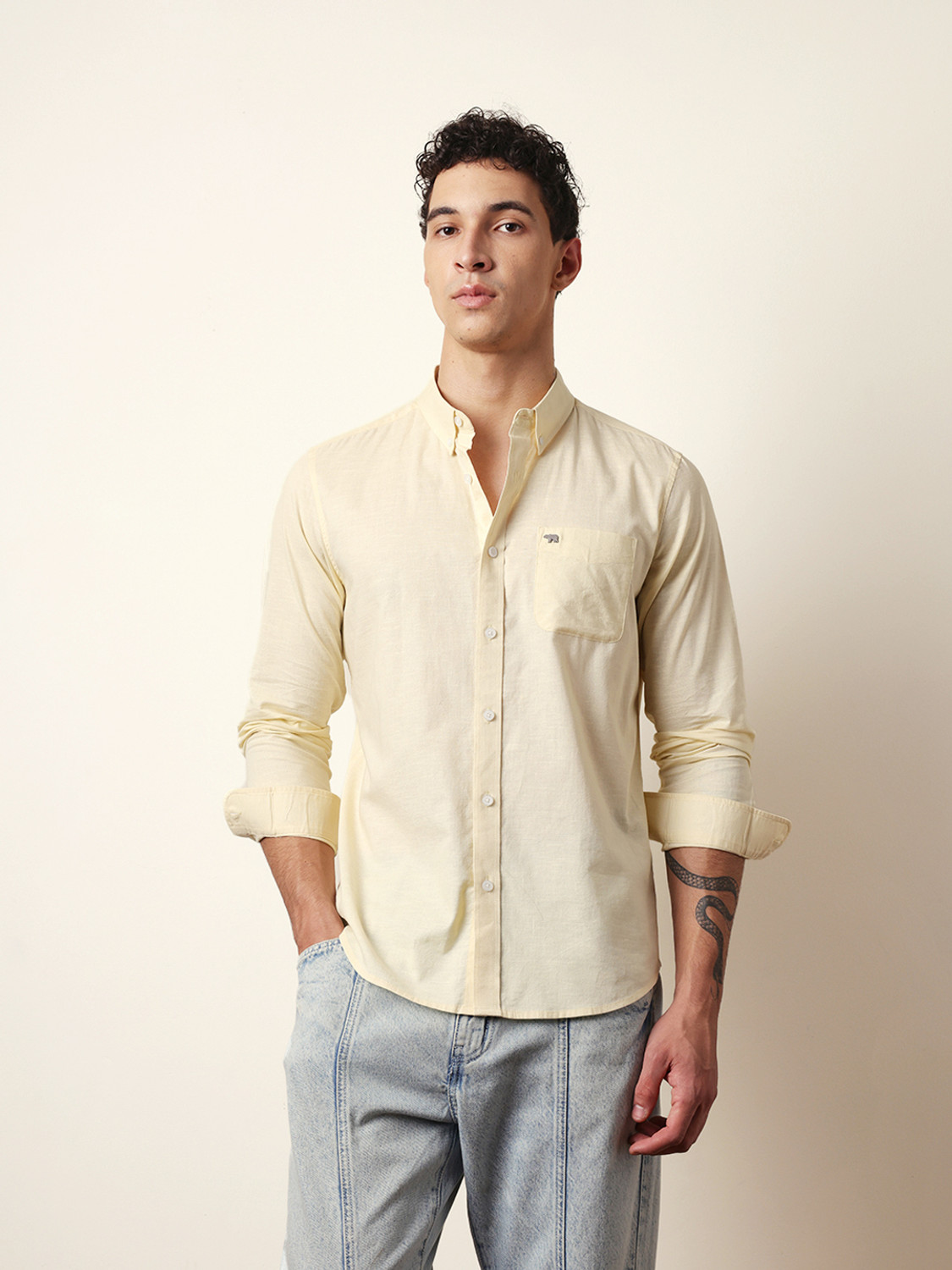 Image of THE BEAR HOUSE Men Solid Casual Yellow Shirt