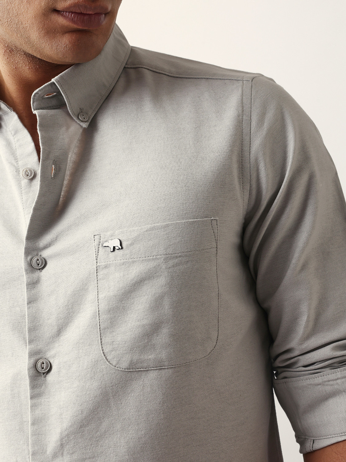 Image of THE BEAR HOUSE Men Solid Casual Grey Shirt