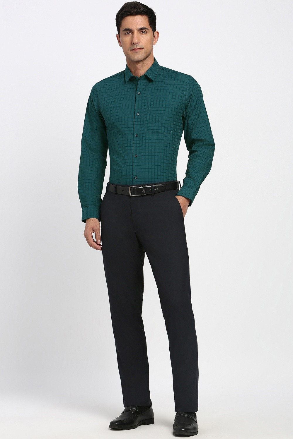 Image of PETER ENGLAND Men Checkered Formal Green Shirt