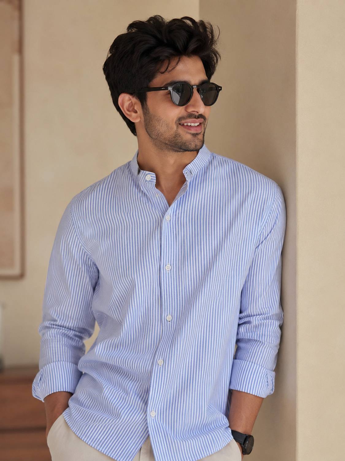 ManlyAttire Men Regular Fit Striped Mandarin Collar Casual Shirt