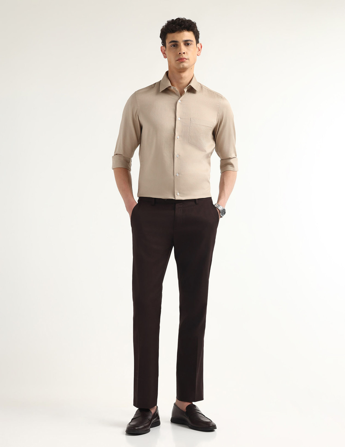 Image of ARROW Men Self Design Formal Beige Shirt
