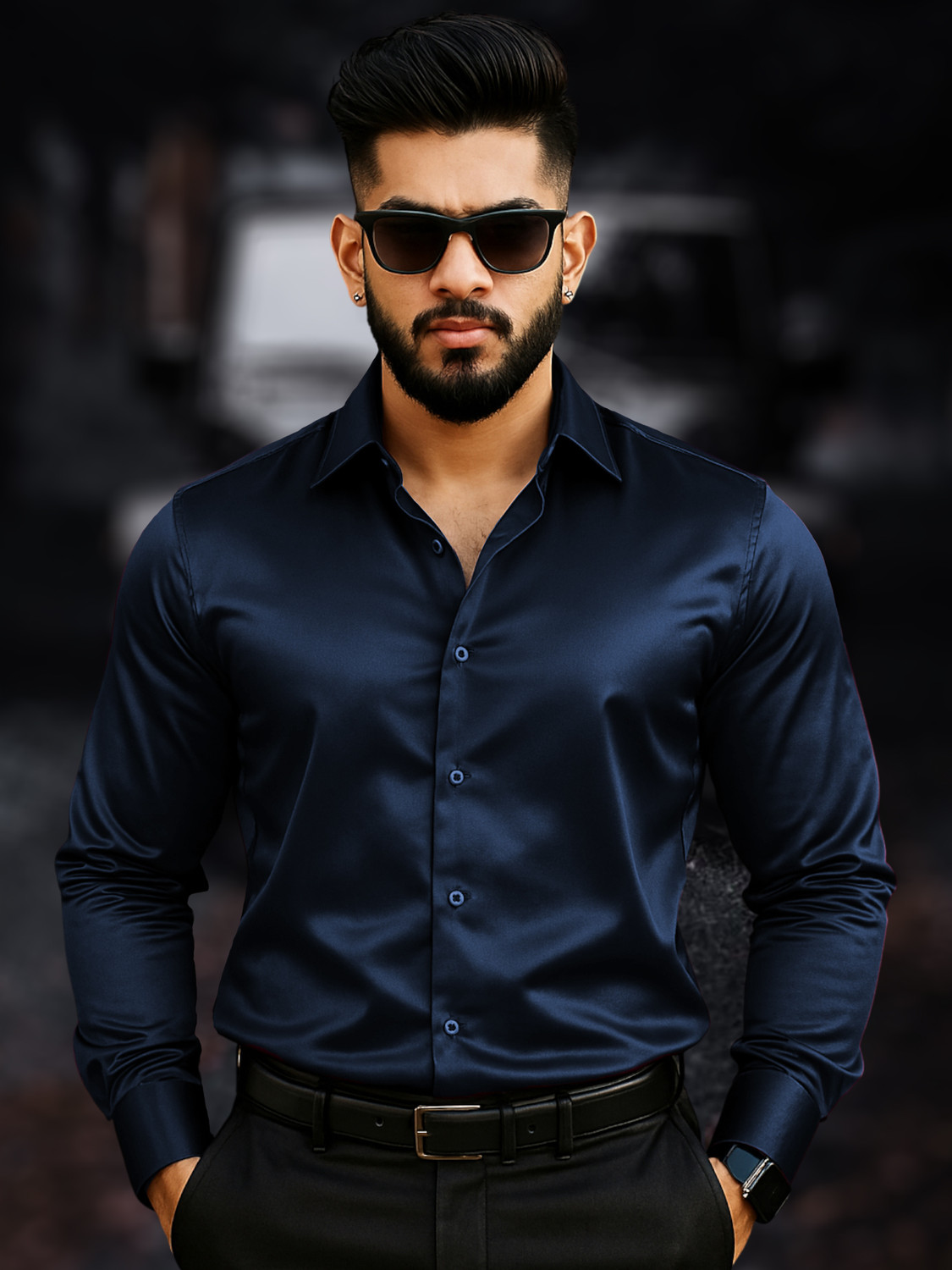 Image of SOLSTICE Men Solid Casual Dark Blue Shirt