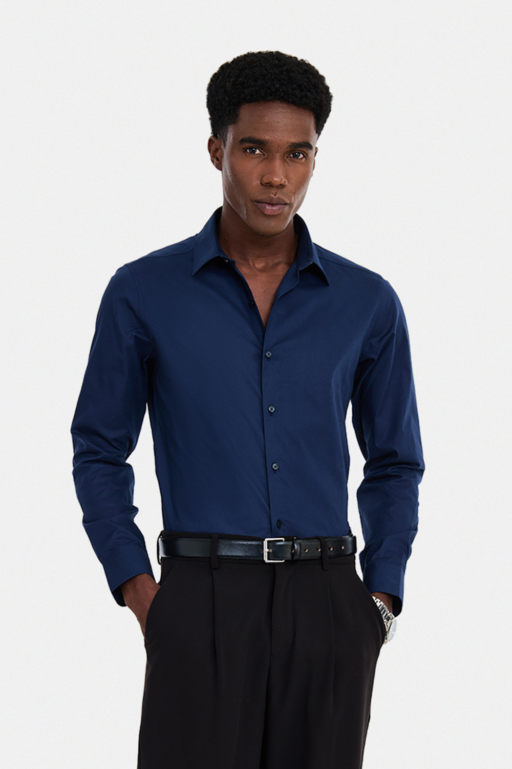 Image of Snitch Men Solid Formal Dark Blue Shirt