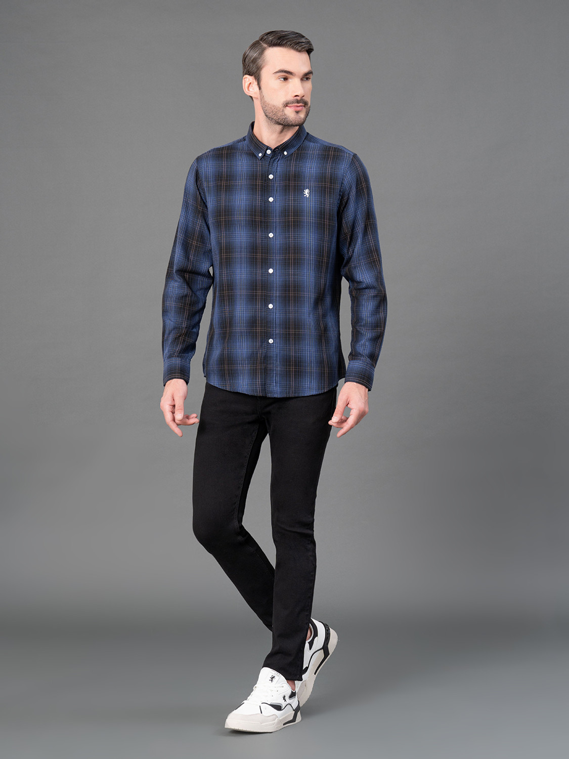 Image of RED TAPE Men Checkered Casual Dark Blue Shirt