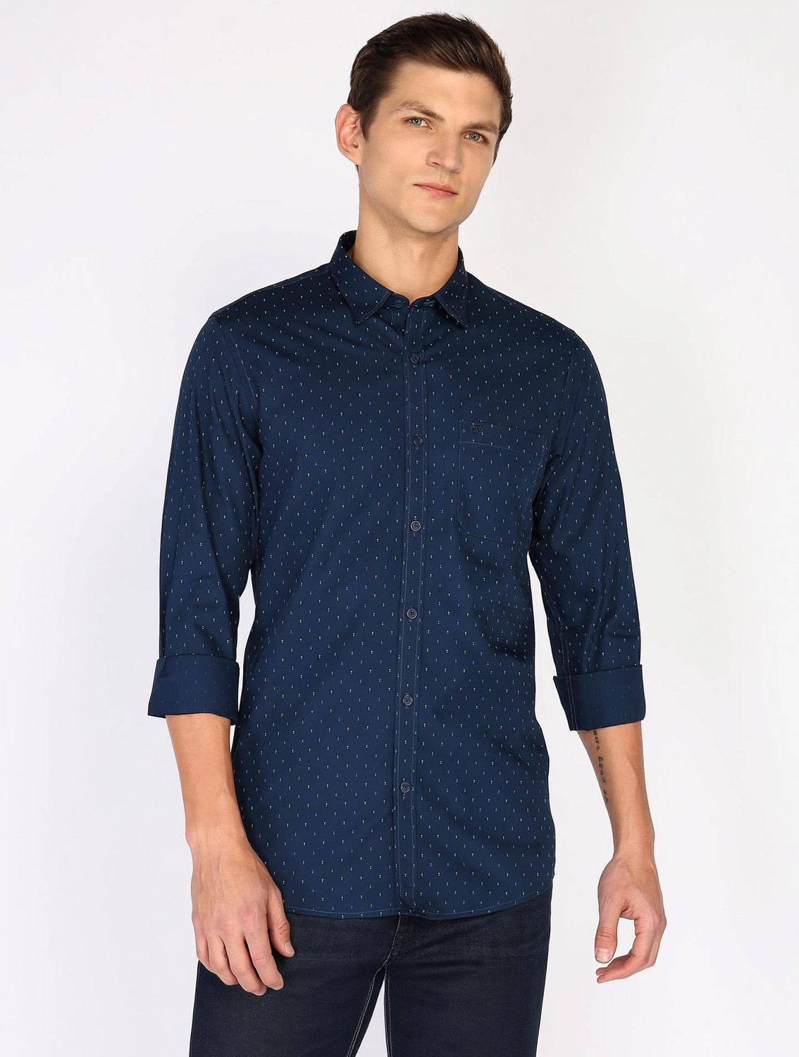 Image of PETER ENGLAND Men Printed Casual Dark Blue Shirt