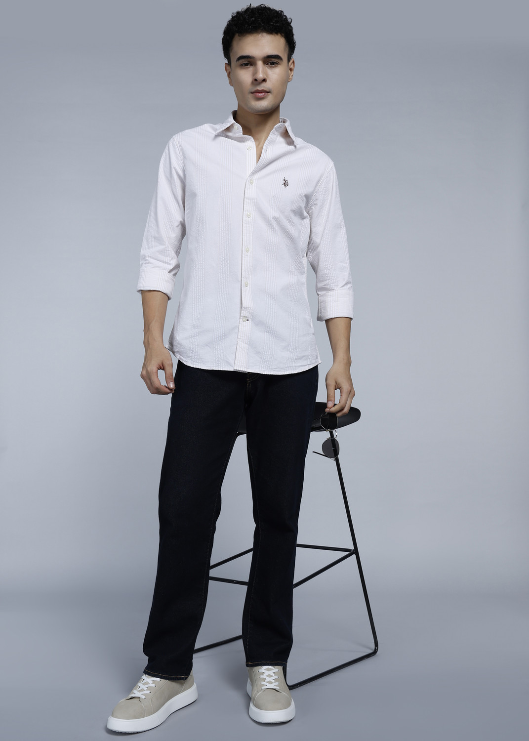 Image of U.S. POLO ASSN. Men Self Design Casual Beige Shirt
