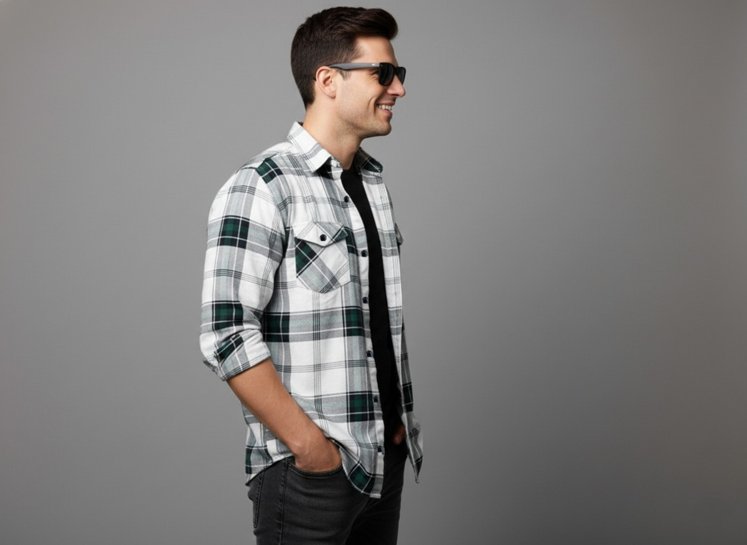 Image of S-LINE Men Checkered Casual Dark Green Shirt