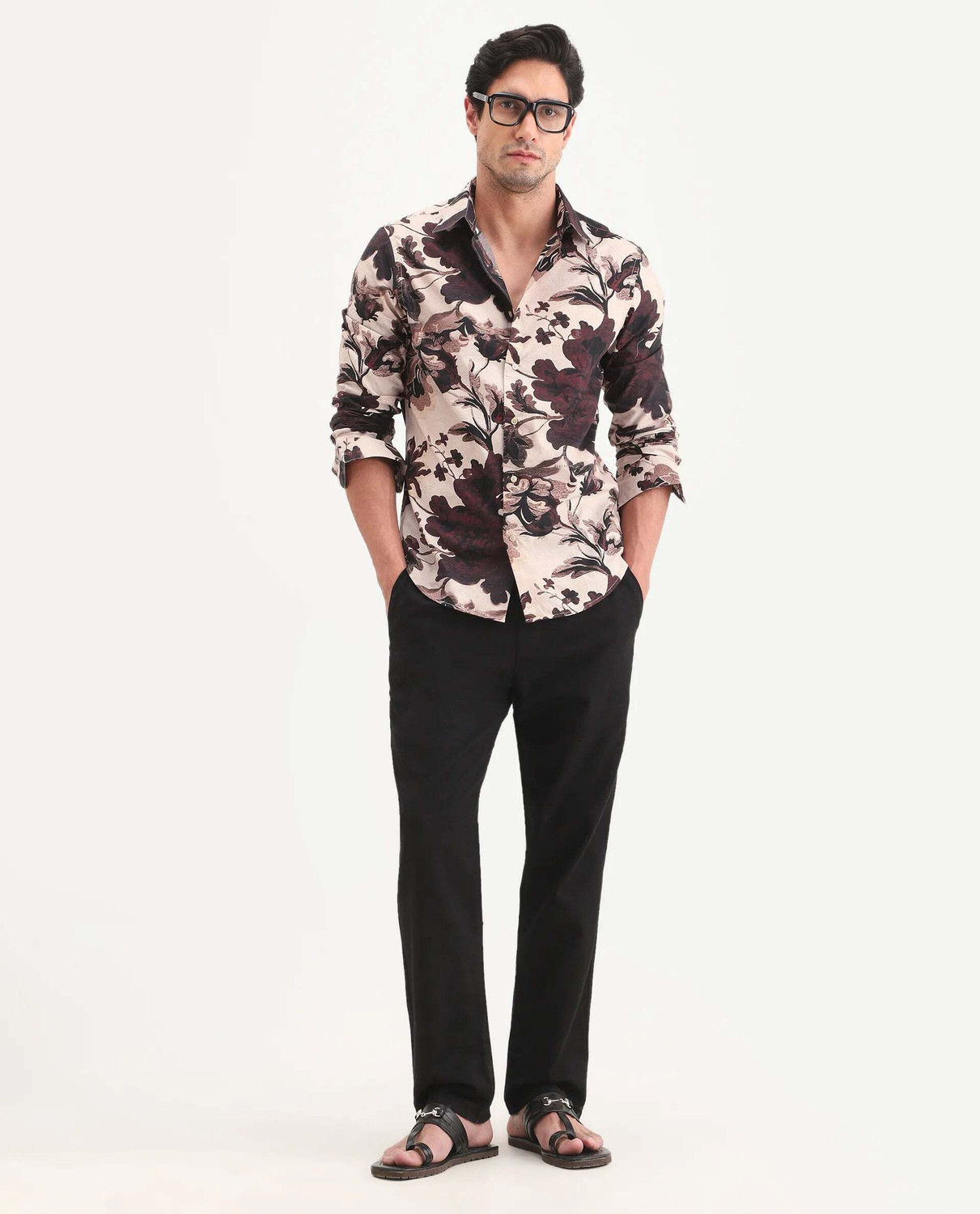 Image of RARE RABBIT Men Floral Print Casual Beige Shirt