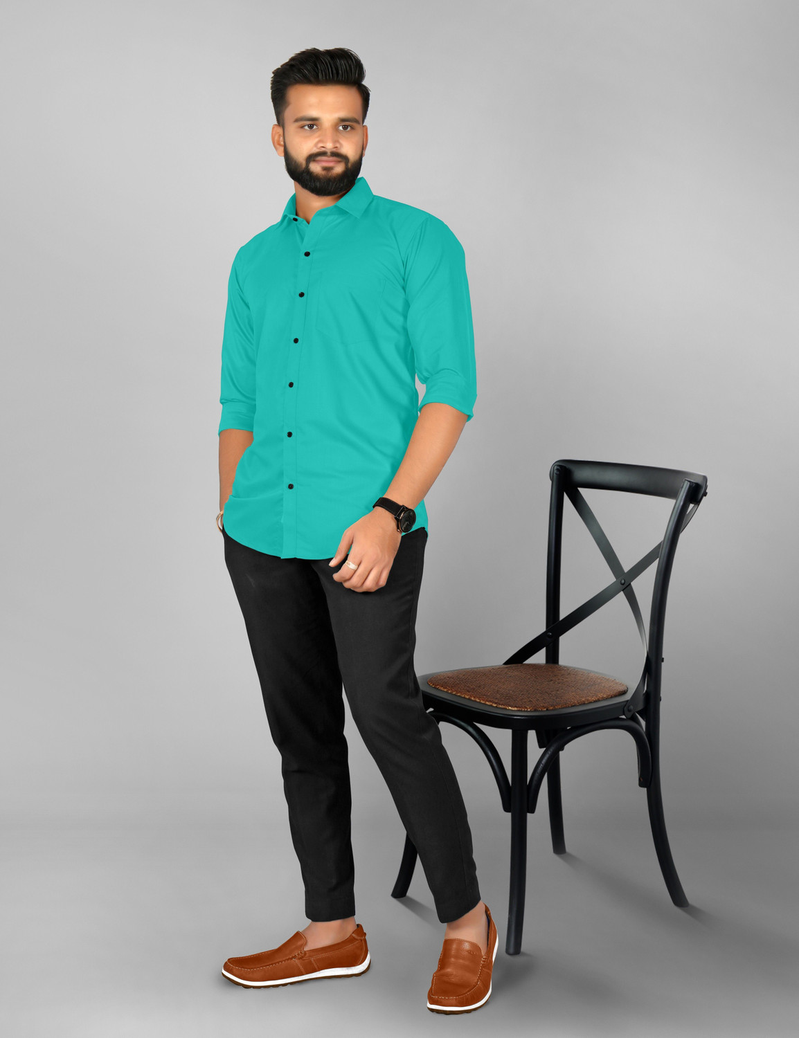 Image of FIBERMILL Men Solid Formal Green Shirt