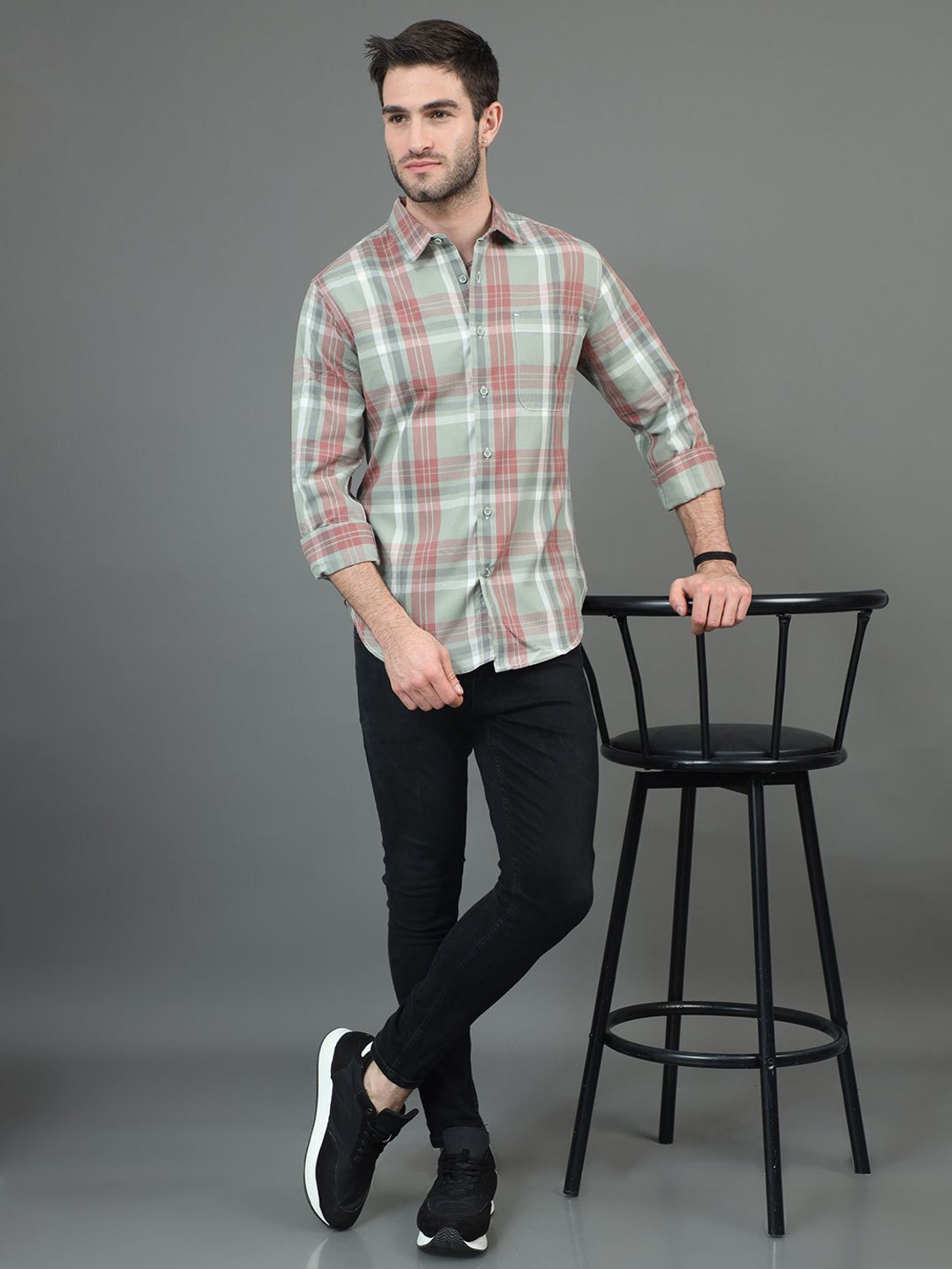 Image of HERE&NOW Men Checkered Casual Green, Pink Shirt